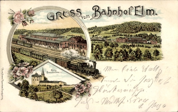 Chromo-Litho Elm Schlüchtern in Hesse, train station, track side, steam locomotive, Brandenstein Castle