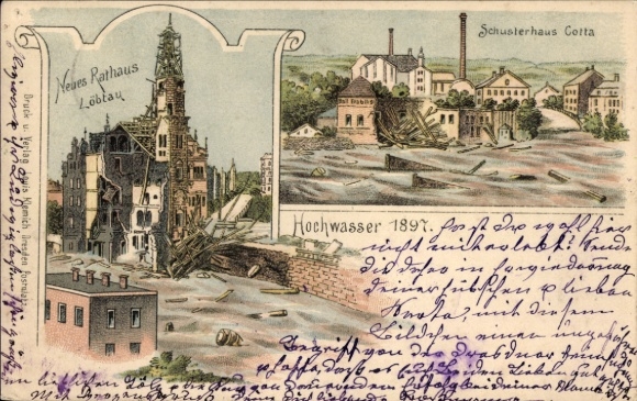 litho Dresden, overstroming 1897, Schusterhaus Cotta, Nieuw stadhuis Löbtau
