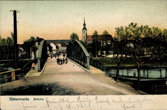 Postcard Elsterwerda in Brandenburg, Elsterwerda Bridge, laughing people, churches, trees, water