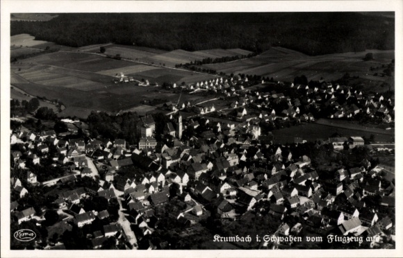 Postcard Krumbach Swabia, aerial view of Krumbach, houses, landscape, airplane view