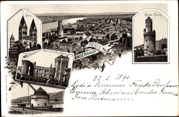 Chromo-Litho Andernach am Rhein, town view, cathedral, round tower, ruins of the castle, old Krahnen
