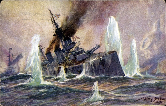 Artist PC Stöwer, Willy, Naval Battle North Sea 1915, English battle cruiser, German cruiser