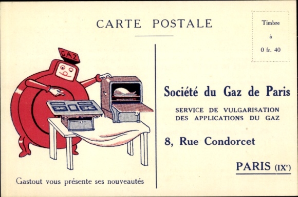 Postcard Société du Gaz de Paris, Combustible Ménager, Gastout presents its new
