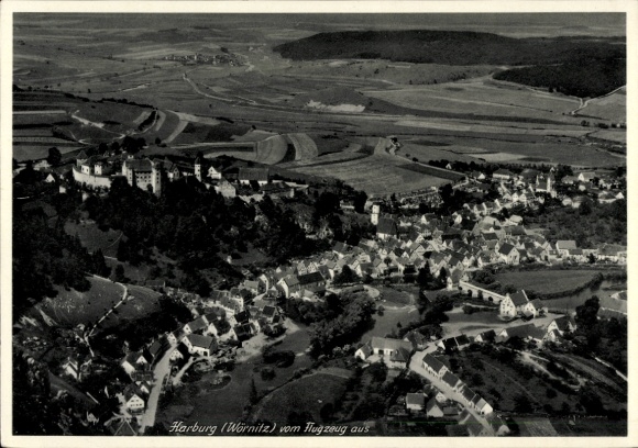 Postcard Harburg an der Wörnitz Swabia, aerial view of Harburg, castle, landscape, black and white