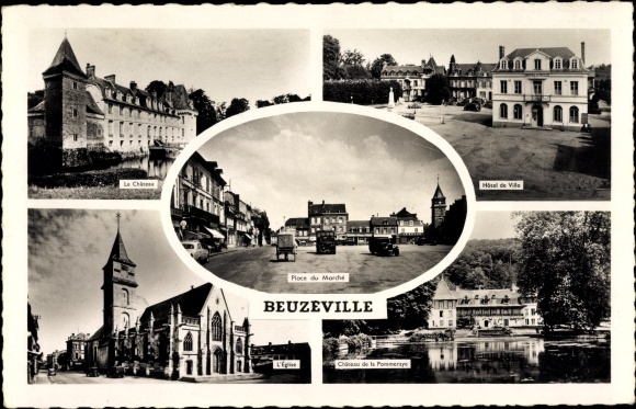 Postcard Beuzeville Eure, Castle, Town Hall, Château de la Pommeraye, The Church