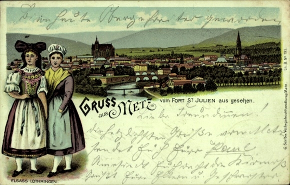 Litho Metz Moselle, Frauen in Trachten, Panorama, Blick vom Fort St. Julien