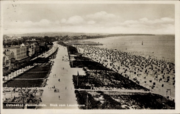 Postcard Ostseebad Warnemünde Rostock, Baltic Sea resort view from the lighthouse, beach and promenade