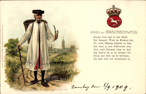 Embossed Chromo-Litho Braunschweig in Lower Saxony, farmer, coat of arms, pipe