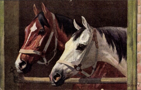 Artist Postcard Merte, O., Two Horses, portrait