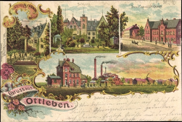 Chromo-Litho Ottleben Life in Saxony Anhalt, castle, monument, office building, train station, sugar factory