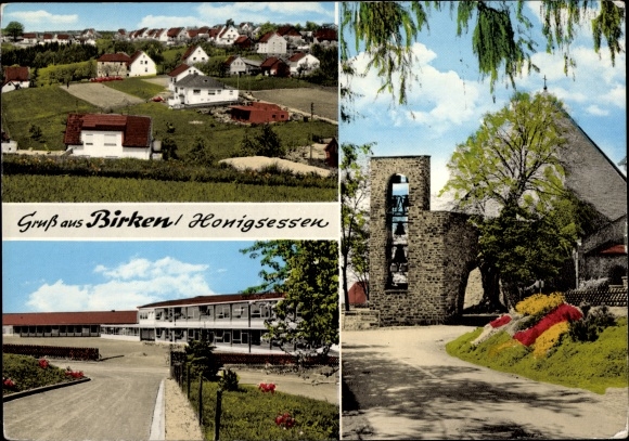 Postcard Birken-Honigsessen in Rhineland-Palatinate, partial view of the place, church, exterior view