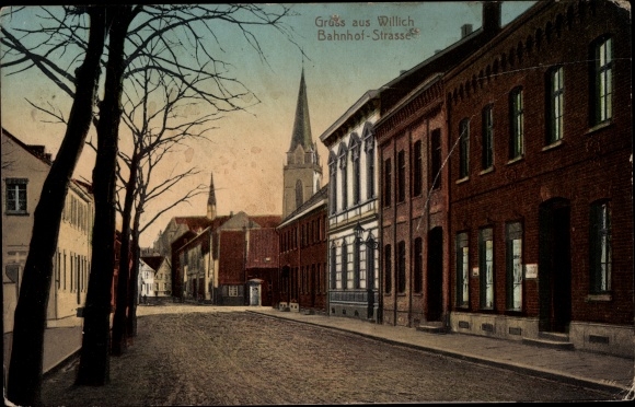 Postcard Willich am Niederrhein, Bahnhofstrasse, church tower