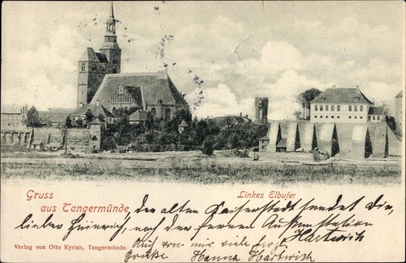 Postcard Tangermünde on the Elbe, left bank of the Elbe, church