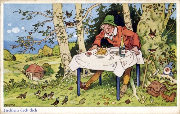 Künstler Ak Baumgarten, Fritz, Tischlein deck dich, Vögel, Zwerg, Eichhörnchen