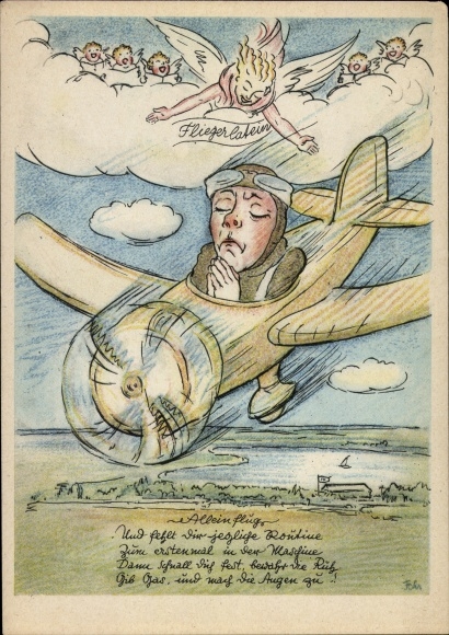 Artist Postcard Fliegerlatin, solo flight, you lack any routine, for the first time in the machine