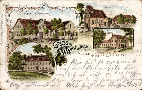 Chromo-Litho Wathlingen in Lower Saxony, Gasthof A. Riefenberg, church, estate, dairy