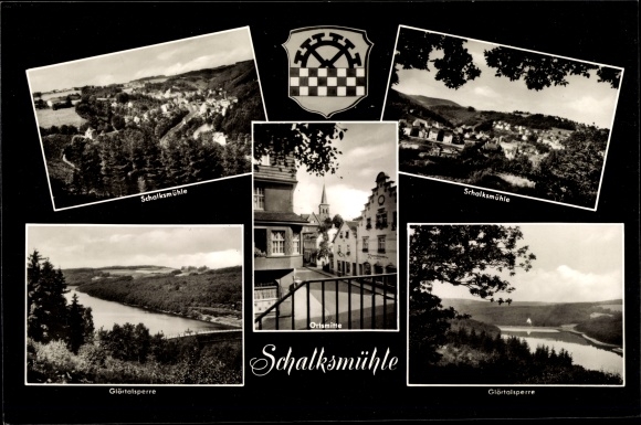 Postcard Schalksmühle in the Sauerland, general view, dam, coat of arms