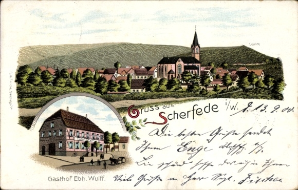 Chromo-Litho Scherfede Warburg in Westphalia, general view, Gasthof Ebh. Wulff