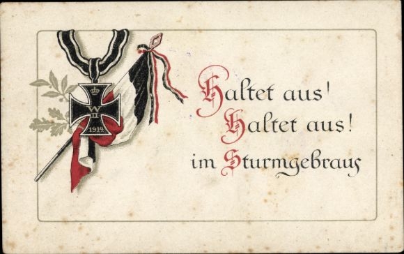 Postcard Hold out in the storm, flag, Iron Cross