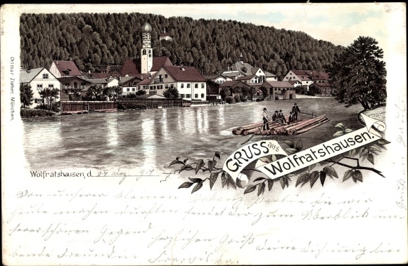 Chromo-Litho Wolfratshausen in Upper Bavaria, view of the place, raft