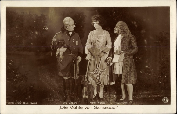 Postcard film scene Die Mühle von Sanssouci, actors Otto Fee, Karl Götz, Hanni Weisse