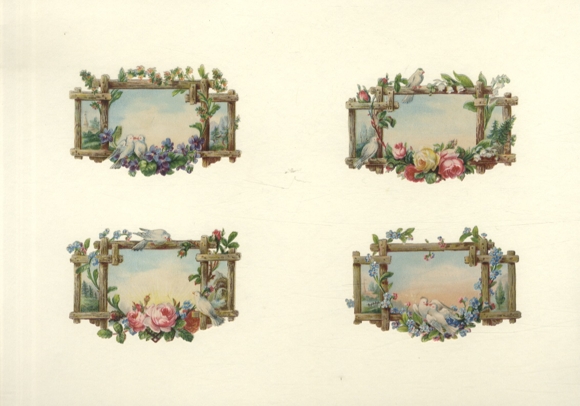 4 wafer wooden frames with flower tendrils and white doves, each approx. 6 x 9 cm