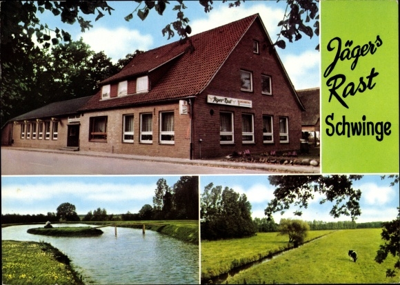 Postcard Schwinge district of Stade, Gasthof Jägers Rast, river section, meadow, forest