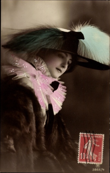 Postcard woman portrait, fashion, fur coat, hat