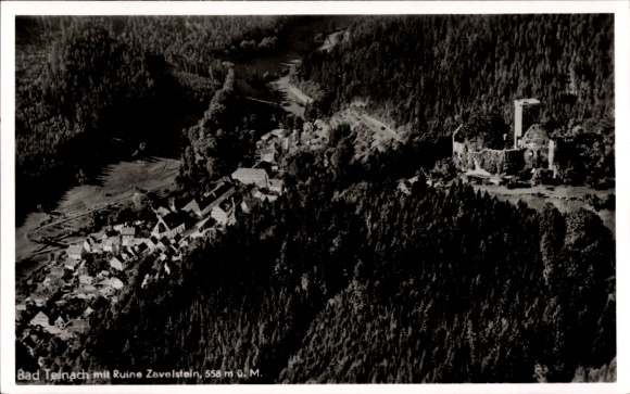 Postcard Bad Teinach Zavelstein in the Black Forest, aerial view of Zavelstein ruins, forest, mountains