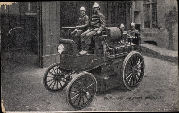 Postcard Pompiers, la pompe electrique, fire brigade, fire engine