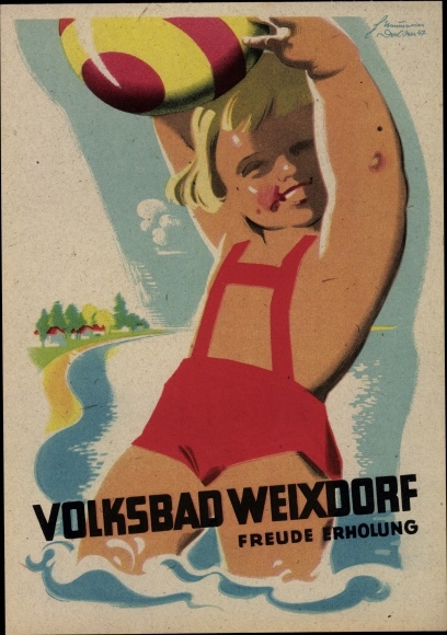 Artist PC Dresden Weixdorf, advertising card Volksbad, child with water ball