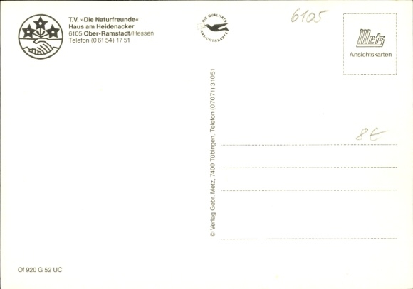 Postcard Ober Ramstadt in the Odenwald Hesse, TV die Naturfreunde, Haus am Heidenacker, Berg Frei