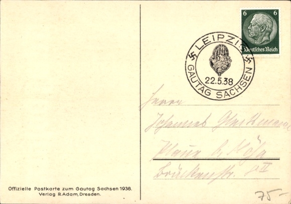 Artist Postcard Drescher, Gautag of the NSDAP Saxony Leipzig 1938, eagle, Völkerschlachtdenkmal, flag procession