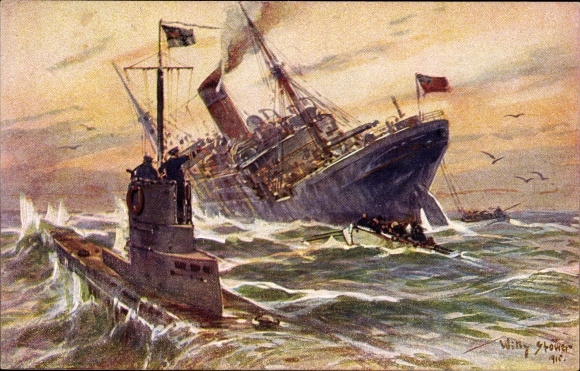 Artist PC Stöwer, Willy, Destruction of an English merchant steamer by a German U-boat