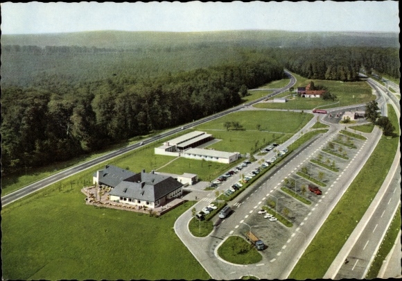 Postcard Rohrbrunn Weibersbrunn in Bavaria, aerial photo of the motorway rest house in the Spessart, motel