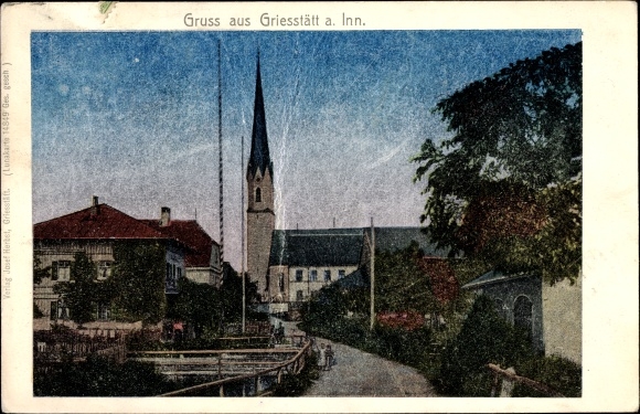 Luna Postcard Griesstätt am Inn in the district of Rosenheim, Upper Bavaria, street section with a view of the church
