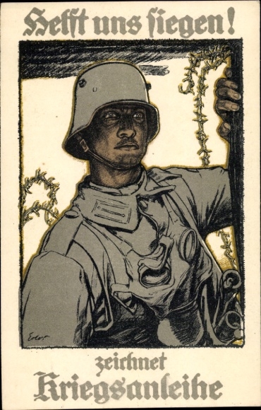 Künstler Ak Erler, Helft uns siegen, zeichnet Kriegsanleihe, Soldat in Stahlhelm mit Gasmaske, I. WK