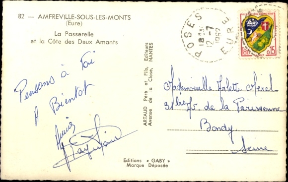Postcard Amfreville under the Monts Eure, La Passerelle, The Cote des Deux Amants