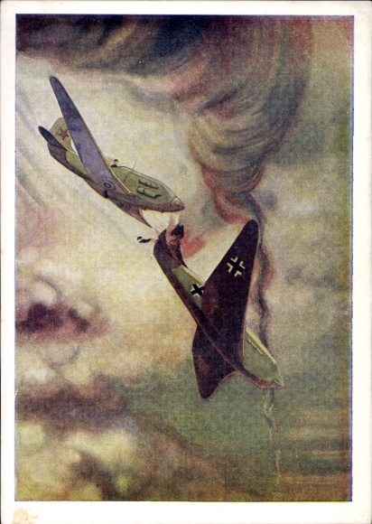 Postcard History Russia, shooting down of a German fighter plane, WWII