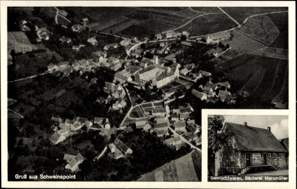 Postcard Schweinspoint Marxheim in Swabia Bavaria, aerial view of bakery Merxmüller, rural surroundings