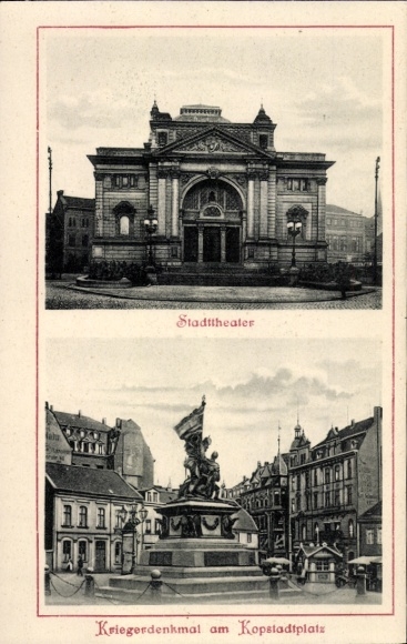 Ak Essen im Ruhrgebiet, Stadttheater, Kriegerdenkmal am Kopstadtplatz