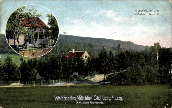 Postcard Mitteldorf Stollberg in the Ore Mountains, Waldfrieden, owner Max Eisenreich, forest landscape