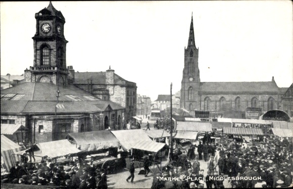 Postcard Middlesbrough North East England, market square, clock tower, churches, stalls, people