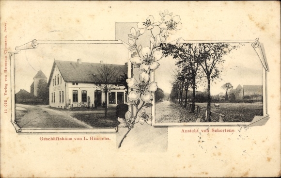 Postcard Schortens in Friesland, partial view, commercial building L. Hinrichs