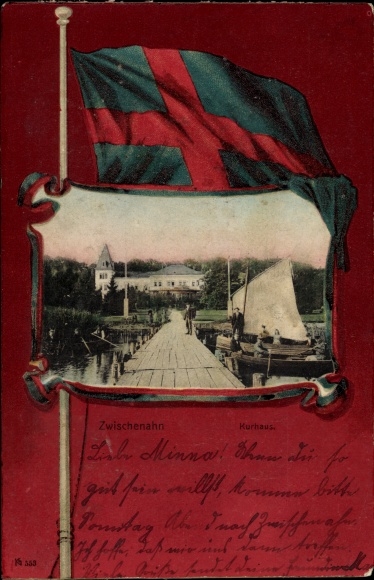 Embossed passepartout PC Bad Zwischenahn in Oldenburg, Kurhaus, landing stage, flag