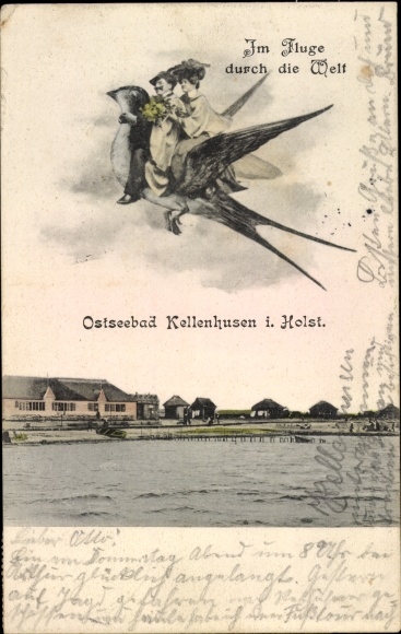 Postcard Ostseebad Kellenhusen in Holstein, couple flying on swallow