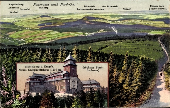 Künstler Ak Falk, Oberwiesenthal im Erzgebirge Sachsen, Neues Unterkunftshaus auf dem Fichtelberg
