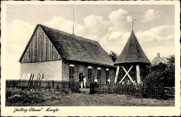 Ak Hallig Oland Noord-Friesland, kerk op rietgedekte constructie, landschap