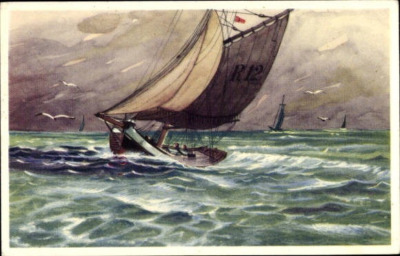 Künstler Ak Segelboot, stürmisches Meer