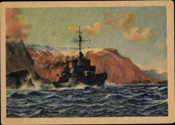 Artist PC Dolhart, Oskar, German minesweeper on a safety voyage in front of a Norwegian port